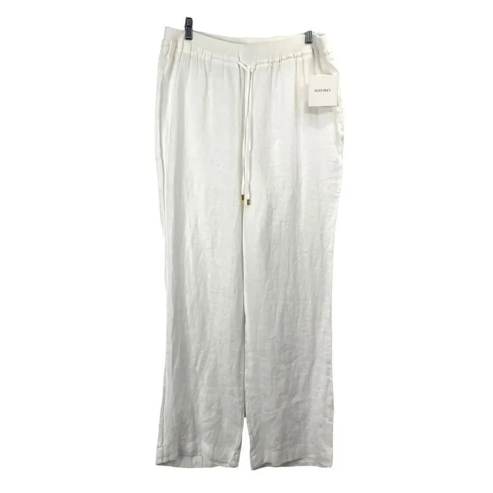 New Ellen Tracy‎ 100% linen pull on pants Sz L white